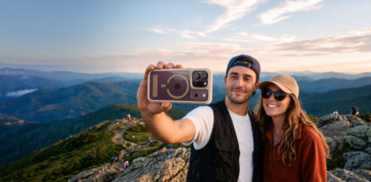 A man and a woman take a selfie on a mountain peak with a scenic mountain range in the background. The man holds up a retro-style smartphone camera, and both are smiling.