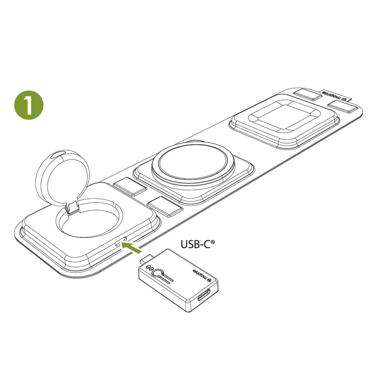 Step 1 || Plug the firmware update kit into the back of the 3-in-1 travel charger (behind the Apple Watch section).