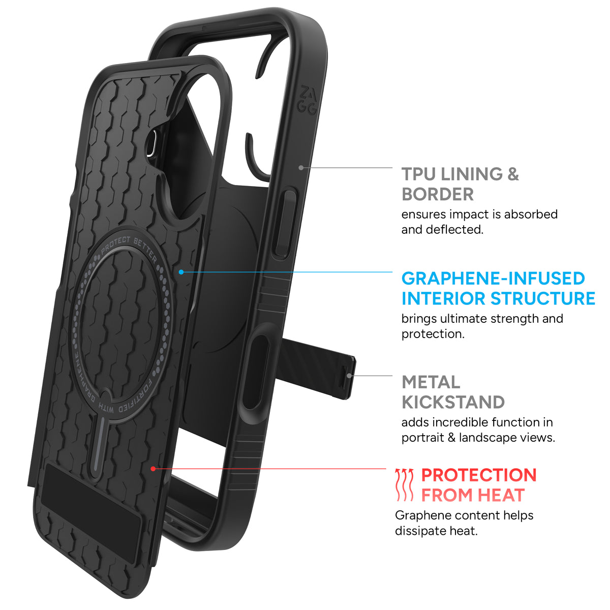 Dual Layer Protection|| The graphene-infused back plate and TPU interior absorb and deflect the force of impact.