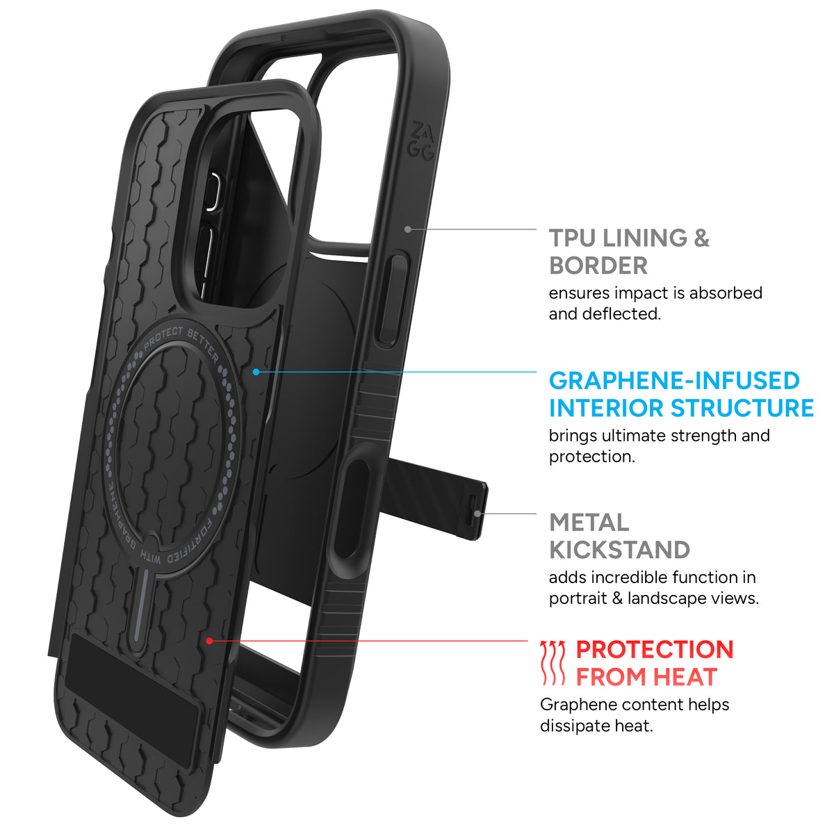 Dual Layer Protection|| The graphene-infused back plate and TPU interior absorb and deflect the force of impact.