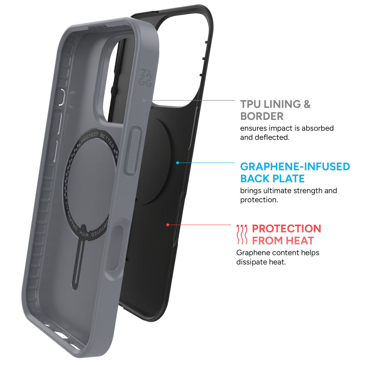Dual Layer Protection||The graphene-infused back plate and TPU interior absorb and deflect the force of impact.